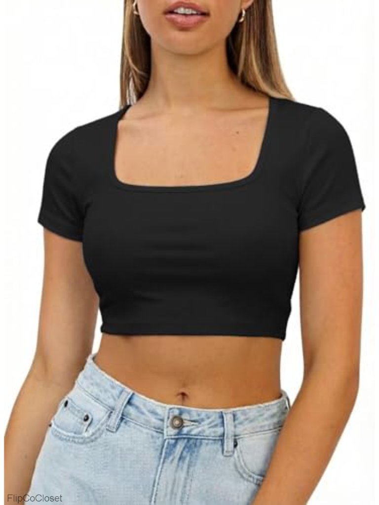 Y2k Crop Top Women Short Sleeve Ribbed Knit Fitted Slim Casual Tee